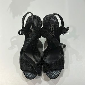 ALICE + OLIVIA black snakeskin  sandal wedges , size 36.5 (fits like a 5)